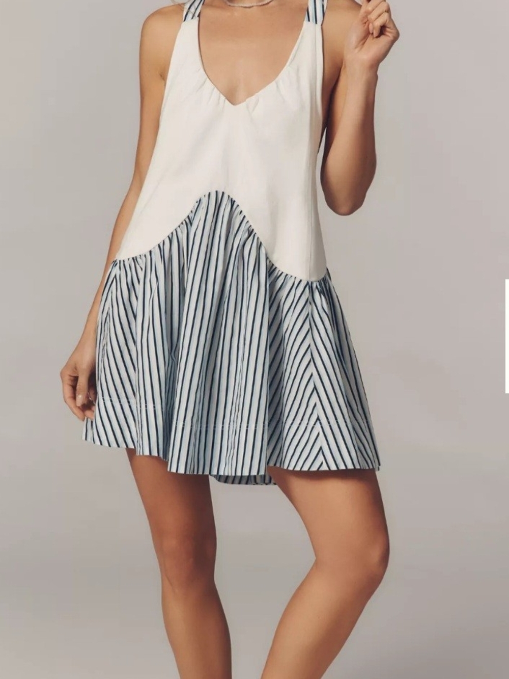 White and Navy Striped Circle Skirt — Sleeveless Summer Dress Style